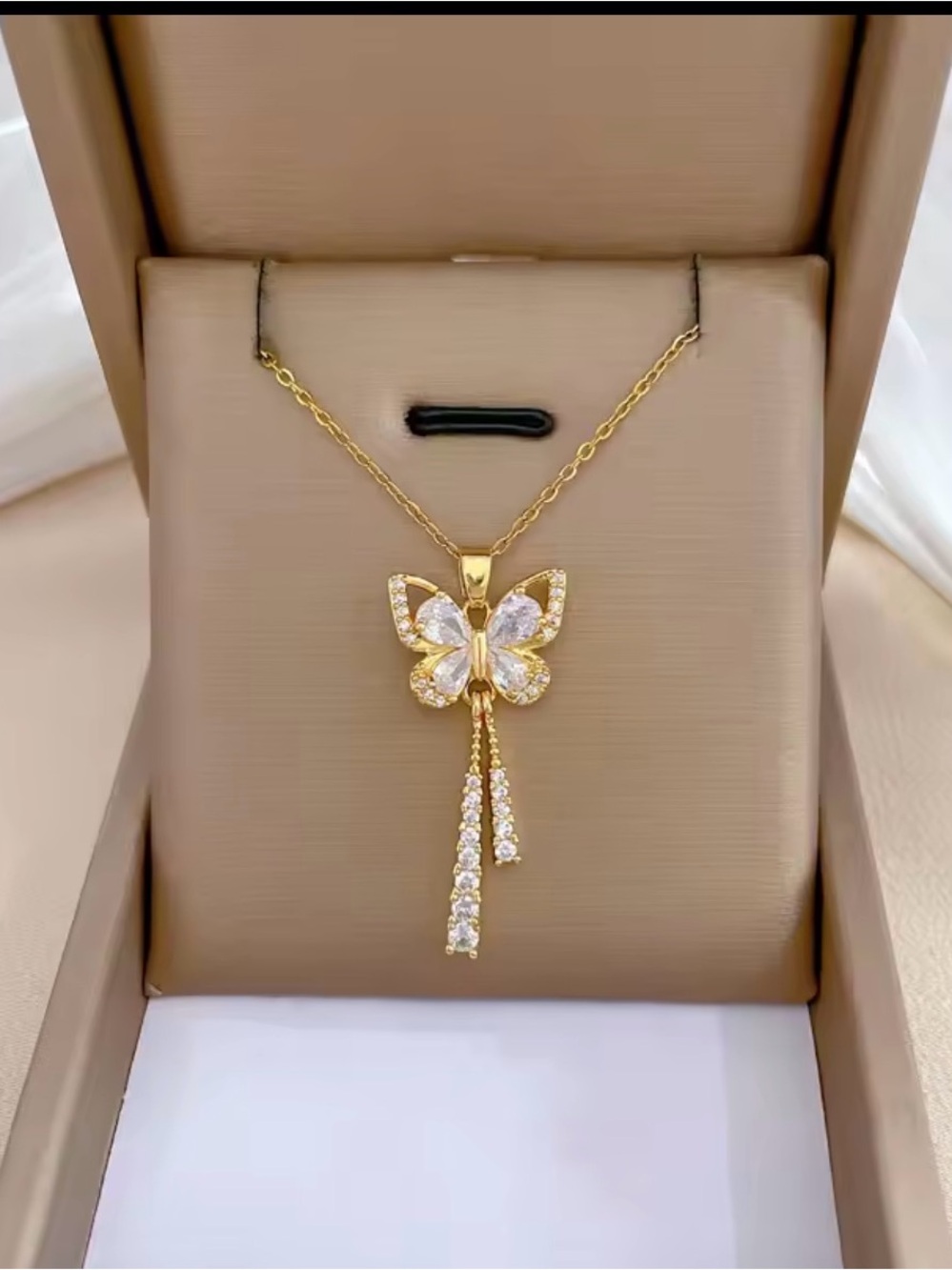 Exquisite Micro Inlaid Zircon Butterfly Tassel Necklace For WomenStainless Steel
